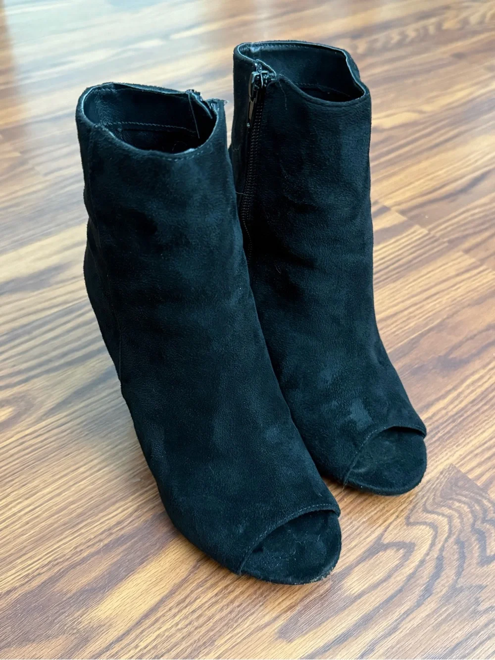 Wild Diva Black Suede Peep-Toe Ankle Booties with Red Rose Embroidery